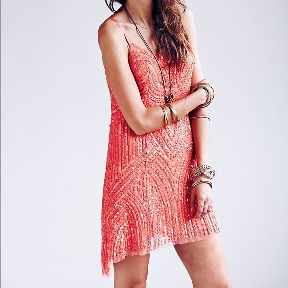 Free People Coral Sequin Spaghetti Strap Mini Dress Size 2